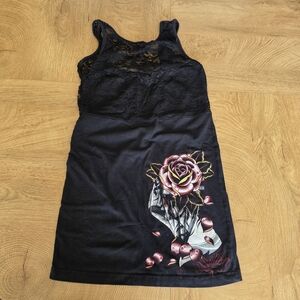 Black Lace Mini Dress with Rose Design